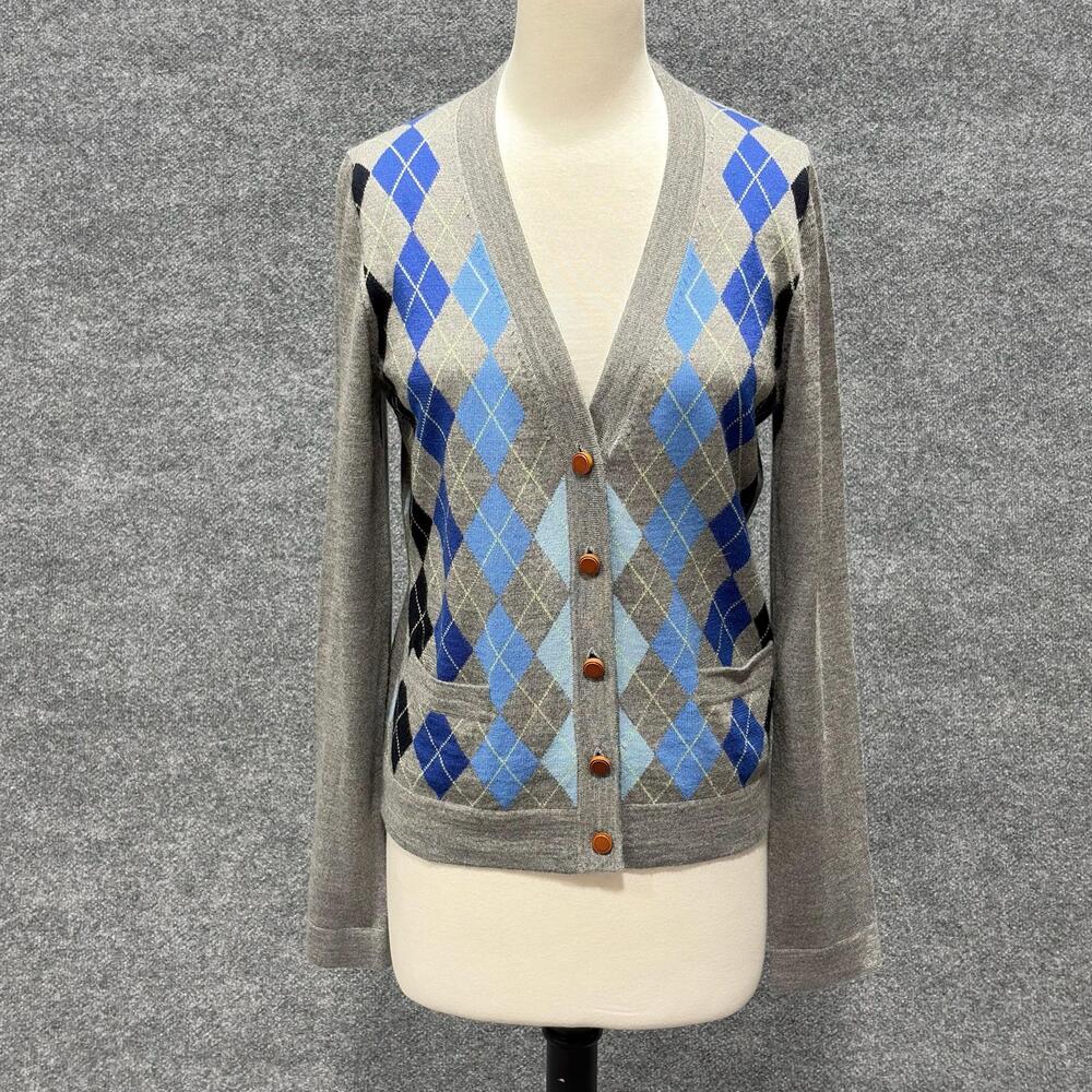 J Crew Cardigan Sweater Womens Large Gray Argyle Merino Wool Button Pockets